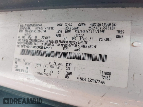 2016 Ford Transit Cargo with VIN 1FTYR1ZM8GKB42857, listed as a IAAI auction lot 42200699 with 195,563 mi miles and . Bid and sale history available at carsss.com. Image 9.