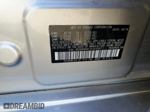 2019 Subaru Legacy Limited with VIN 4S3BNAN61K3035371, listed as a Copart auction lot 46346965 with 40,863 mi miles and Salvage Title. Bid and sale history available at carsss.com. Image 14.