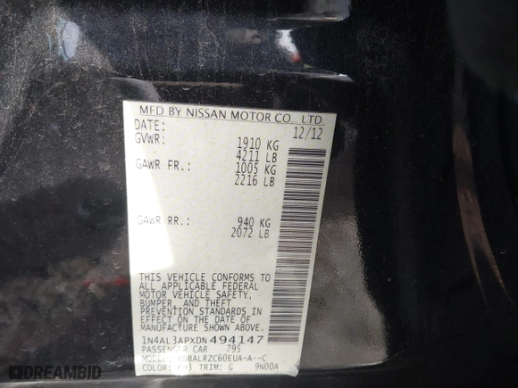 2013 Nissan Altima 2.5 SL with VIN 1N4AL3APXDN494147, listed as a IAAI auction lot 41610021 with 121,208 mi miles. Bid and sale history available at carsss.com. Image 9.