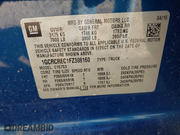 2015 Chevrolet Silverado 1500 LT with VIN 1GCRCREC1FZ308160, listed as a IAAI auction lot 41650625 with 174,936 mi miles. Bid and sale history available at carsss.com. Image 9.