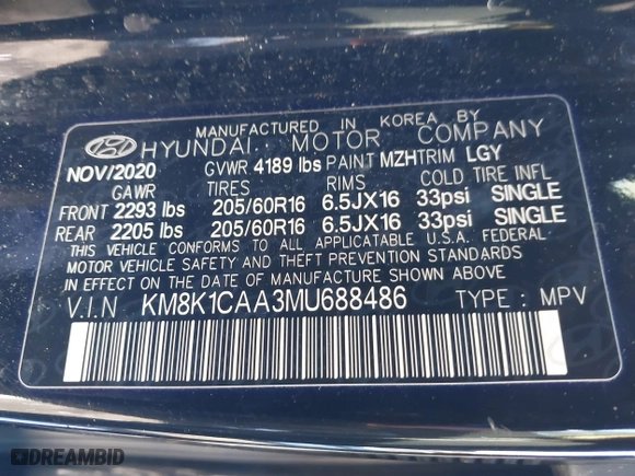 2021 Hyundai Kona SE with VIN KM8K1CAA3MU688486, listed as a IAAI auction lot 41166249 with 71,823 mi miles. Bid and sale history available at carsss.com. Image 9.