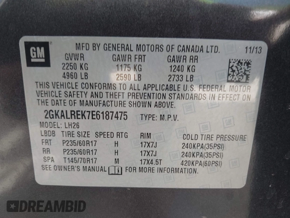 2014 GMC Terrain SLE with VIN 2GKALREK7E6187475, listed as a IAAI auction lot 42572551 with 146,842 mi miles and . Bid and sale history available at DreamBid. Image 9.