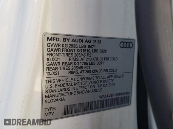2023 Audi Q8 Premium with VIN WA1AVBF10PD024362, listed as a Copart auction lot 56148275 with 38,853 mi miles and Salvage title. Bid and sale history available at DreamBid. Image 13.