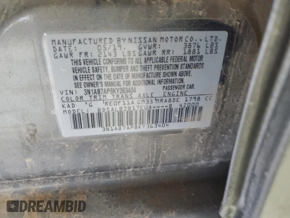 2019 Nissan Sentra SV with VIN 3N1AB7AP8KY363404, listed as a Copart auction lot 53468355 with 75,799 mi miles and Salvage Title. Bid and sale history available at DreamBid. Image 12.