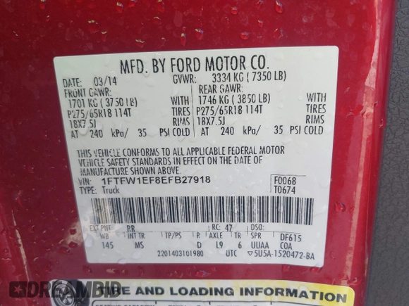 2014 Ford F-150 XL with VIN 1FTFW1EF8EFB27918, listed as a IAAI auction lot 41938587 with 129,508 mi miles. Bid and sale history available at carsss.com. Image 9.