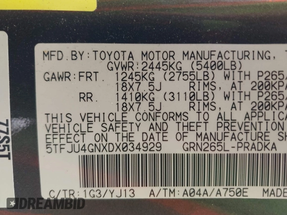 2013 Toyota Tacoma PreRunner with VIN 5TFJU4GNXDX034929, listed as a IAAI auction lot 42568897 with 134,448 mi miles and . Bid and sale history available at DreamBid. Image 9.