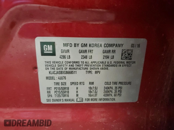 2016 Buick Encore with VIN KL4CJASBXGB668511, listed as a Copart auction lot 54178355 with 136,015 mi miles and Non Repairable. Bid and sale history available at DreamBid. Image 13.