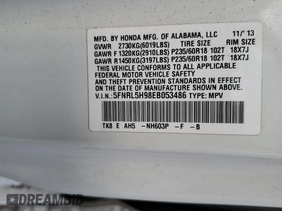 2014 Honda Odyssey Touring with VIN 5FNRL5H98EB053486, listed as a Copart auction lot 58004225 with 201,526 mi miles and Salvage title. Bid and sale history available at DreamBid. Image 14.