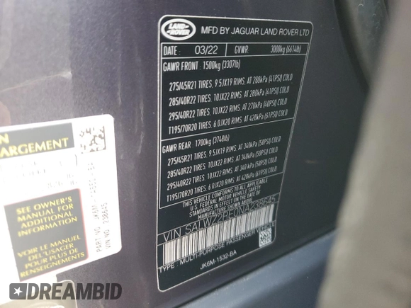 2022 Land Rover Range Rover Sport SVR with VIN SALWZ2RE0NA238645, listed as a Copart auction lot 77895924 with 8,137 mi miles and Salvage Title. Bid and sale history available at DreamBid. Image 12.