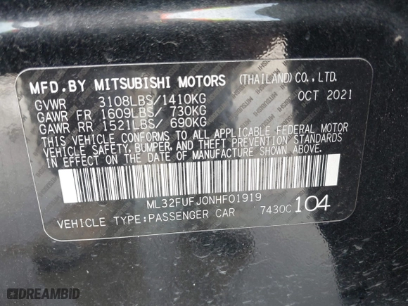 2022 Mitsubishi Mirage G4 ES with VIN ML32FUFJ0NHF01919, listed as a IAAI auction lot 41542271 with 15,634 mi miles. Bid and sale history available at carsss.com. Image 9.