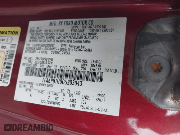 2016 Ford Mustang EcoBoost with VIN 1FA6P8TH0G5203043, listed as a IAAI auction lot 41690194 with Not provided miles and . Bid and sale history available at DreamBid. Image 9.