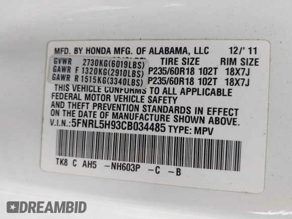 2012 Honda Odyssey Touring with VIN 5FNRL5H93CB034485, listed as a IAAI auction lot 42304502 with 198,589 mi miles and . Bid and sale history available at DreamBid. Image 9.