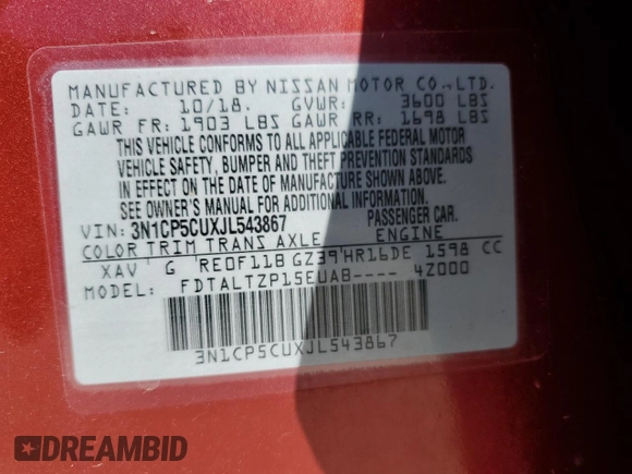 2018 Nissan Kicks SV with VIN 3N1CP5CUXJL543867, listed as a Copart auction lot 53155155 with 85,441 mi miles and Salvage title. Bid and sale history available at DreamBid. Image 13.