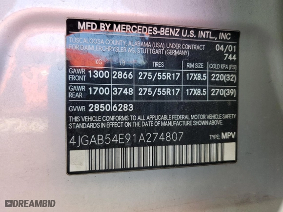 2001 Mercedes-Benz M-Class with VIN 4JGAB54E91A274807, listed as a Copart auction lot 50099165 with 250,220 mi miles and Salvage Title. Bid and sale history available at carsss.com. Image 15.