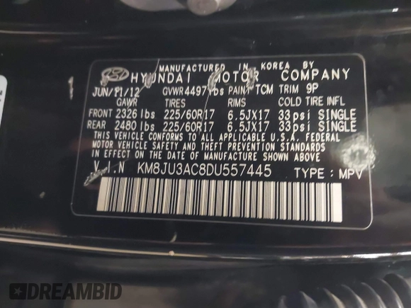 2013 Hyundai Tucson GLS with VIN KM8JU3AC8DU557445, listed as a IAAI auction lot 41839782 with 153,769 mi miles. Bid and sale history available at carsss.com. Image 9.
