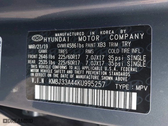 2019 Hyundai Tucson Value with VIN KM8J33A44KU995257, listed as a IAAI auction lot 41672206 with 63,090 mi miles. Bid and sale history available at carsss.com. Image 9.