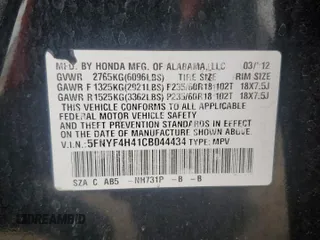 2012 Honda Pilot EX with VIN 5FNYF4H41CB044434, listed as a Copart auction lot 49138695 with 127,872 mi miles and Salvage Title. Bid and sale history available at DreamBid. Image 13.