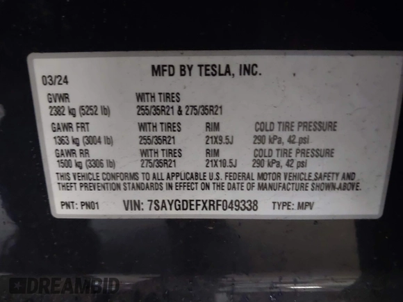 2024 Tesla Model Y Performance with VIN 7SAYGDEFXRF049338, listed as a IAAI auction lot 41240812 with 10,132 mi miles and . Bid and sale history available at DreamBid. Image 9.