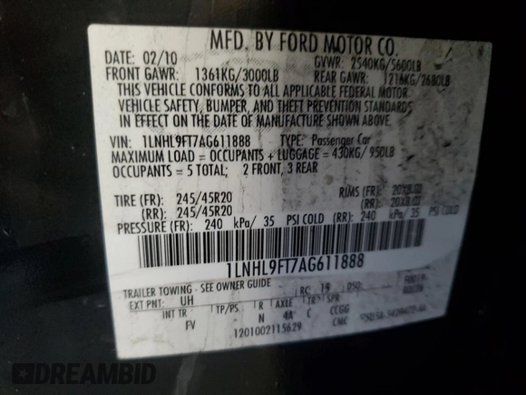 2010 Lincoln MKS EcoBoost with VIN 1LNHL9FT7AG611888, listed as a Copart auction lot 45223775 with 113,295 mi miles and Salvage Title. Bid and sale history available at DreamBid. Image 12.