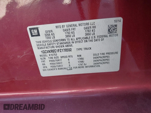 2015 Chevrolet Silverado 1500 LT with VIN 1GCVKREC1FZ178592, listed as a IAAI auction lot 42280013 with 202,322 mi miles and . Bid and sale history available at DreamBid. Image 9.