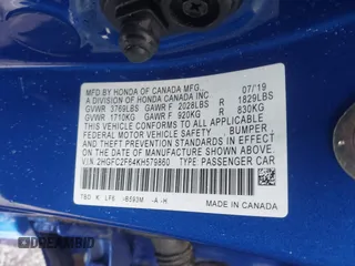 2019 Honda Civic LX with VIN 2HGFC2F64KH579860, listed as a IAAI auction lot 42026395 with 49,834 mi miles and . Bid and sale history available at DreamBid. Image 9.