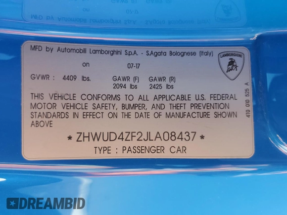 2018 Lamborghini Huracan z VIN ZHWUD4ZF2JLA08437, wystawiony jako Copart lot #50956455 z przebiegiem 7412 mil mil oraz Nie do naprawy. Historia ofert i sprzedaży dostępna na DreamBid. Obrazek 13.