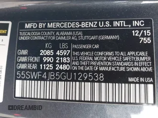 2016 Mercedes-Benz C 300 with VIN 55SWF4JB5GU129538, listed as a IAAI auction lot 38329587 with 113,111 mi miles and . Bid and sale history available at DreamBid. Image 9.