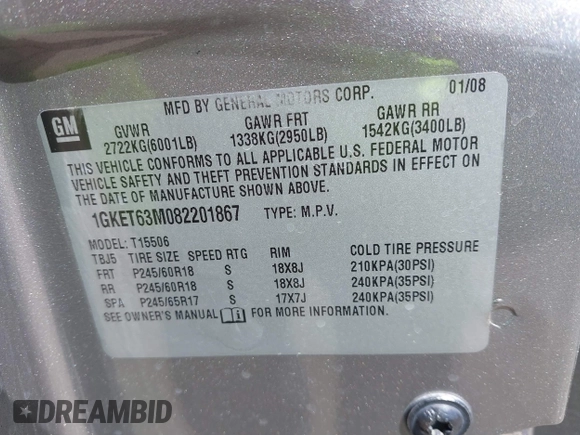 2008 GMC Envoy Denali with VIN 1GKET63M082201867, listed as a IAAI auction lot 41874803 with 218,639 mi miles. Bid and sale history available at carsss.com. Image 9.