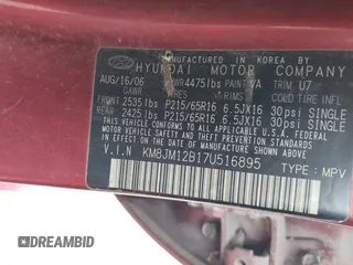 2007 Hyundai Tucson GLS with VIN KM8JM12B17U516895, listed as a IAAI auction lot 41836971 with 193,049 mi miles. Bid and sale history available at carsss.com. Image 9.