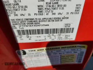 2014 Ford F-150 XL with VIN 1FTFW1EFXEKF37949, listed as a Copart auction lot 61257084 with 154,154 mi miles and Salvage Title. Bid and sale history available at carsss.com. Image 12.