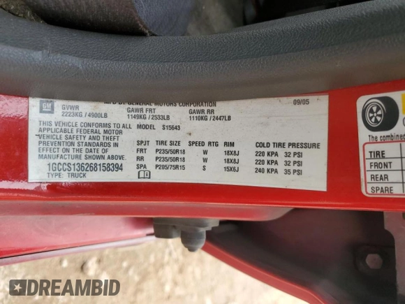 2006 Chevrolet Colorado 2LT z VIN 1GCCS136268158394, wystawiony jako Copart lot #51002145 z przebiegiem 157 599 mil mil oraz Szkoda całkowita • Salvage title. Historia ofert i sprzedaży dostępna na DreamBid. Obrazek 13.