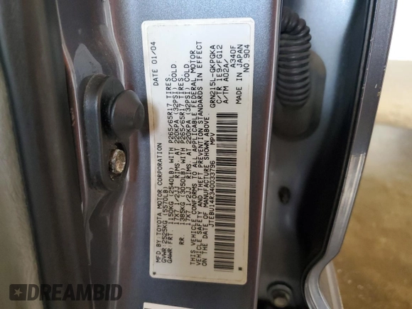 2004 Toyota 4Runner SR5 with VIN JTEBU14R340033796, listed as a Copart auction lot 85018854 with Not Provided miles and Salvage Title. Bid and sale history available at DreamBid. Image 13.