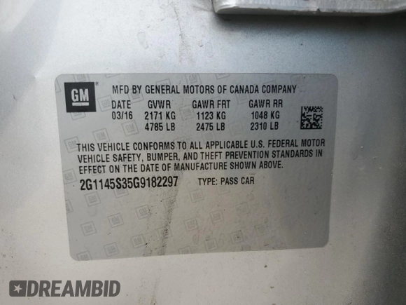 2016 Chevrolet Impala LTZ with VIN 2G1145S35G9182297, listed as a Copart auction lot 55792725 with 104,686 mi miles and Salvage title. Bid and sale history available at DreamBid. Image 12.