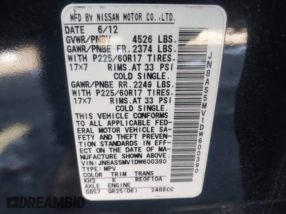 2013 Nissan Rogue S with VIN JN8AS5MV1DW600390, listed as a IAAI auction lot 41617632 with 106,584 mi miles and . Bid and sale history available at DreamBid. Image 9.