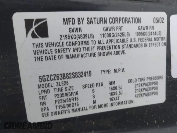 2002 Saturn VUE with VIN 5GZCZ63B82S832419, listed as a IAAI auction lot 41558549 with Not Provided miles and . Bid and sale history available at DreamBid. Image 9.