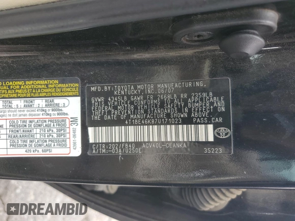 2007 Toyota Camry CE with VIN 4T1BE46K87U171023, listed as a Copart auction lot 54431665 with 213,732 mi miles and Salvage Title. Bid and sale history available at carsss.com. Image 13.