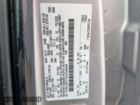 2017 Ford Escape S with VIN 1FMCU0F71HUD44345, listed as a Copart auction lot 60644215 with 115,300 mi miles and Salvage title. Bid and sale history available at DreamBid. Image 12.