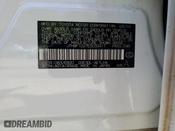2014 Lexus IS 250 z VIN JTHBF1D27E5033417, wystawiony jako Copart lot #57830575 z przebiegiem 95 767 mil mil oraz Szkoda całkowita • Salvage title. Historia ofert i sprzedaży dostępna na DreamBid. Obrazek 13.