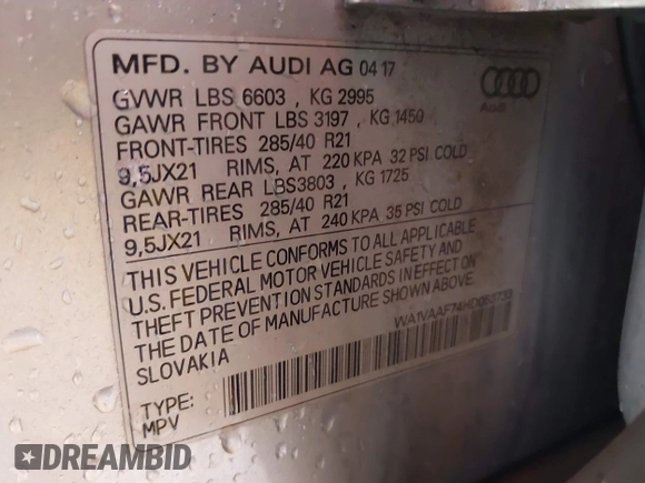 2017 Audi Q7 Prestige with VIN WA1VAAF74HD053733, listed as a IAAI auction lot 41718388 with 114,189 mi miles. Bid and sale history available at carsss.com. Image 9.