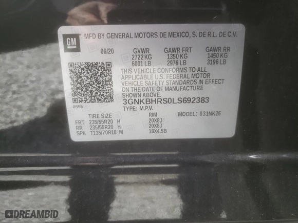 2020 Chevrolet Blazer LT with VIN 3GNKBHRS0LS692383, listed as a Copart auction lot 49887605 with 127,415 mi miles and Salvage Title. Bid and sale history available at carsss.com. Image 13.