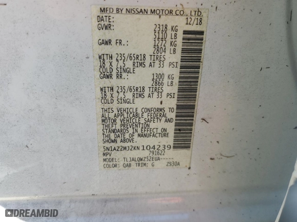 2019 Nissan Murano SV with VIN 5N1AZ2MJ2KN104239, listed as a Copart auction lot 74190544 with 0 mi miles and Non Repairable. Bid and sale history available at carsss.com. Image 14.