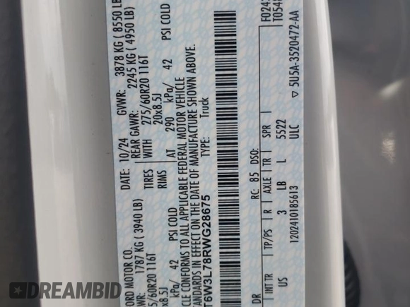 2024 Ford F-150 Lightning Flash с VIN 1FT6W3L78RWG28675, выставлен на аукционе Copart как лот 54061285 с пробегом 11 867 миль миль и Списание • Salvage title. История ставок и продаж доступна на DreamBid. Изображение 12.