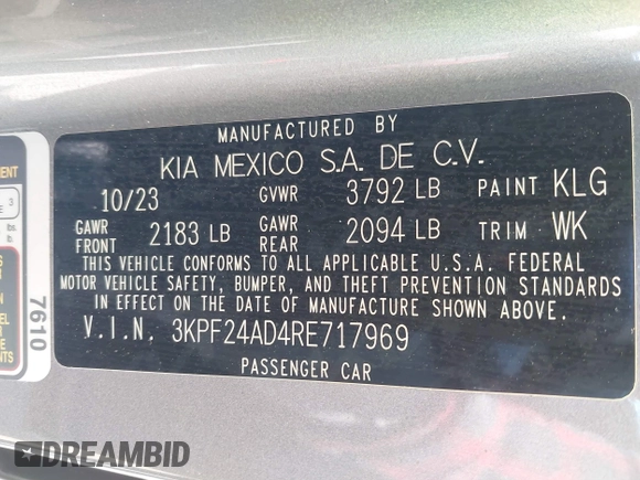 2024 Kia Forte LXS with VIN 3KPF24AD4RE717969, listed as a IAAI auction lot 41894734 with 46,705 mi miles and . Bid and sale history available at DreamBid. Image 9.