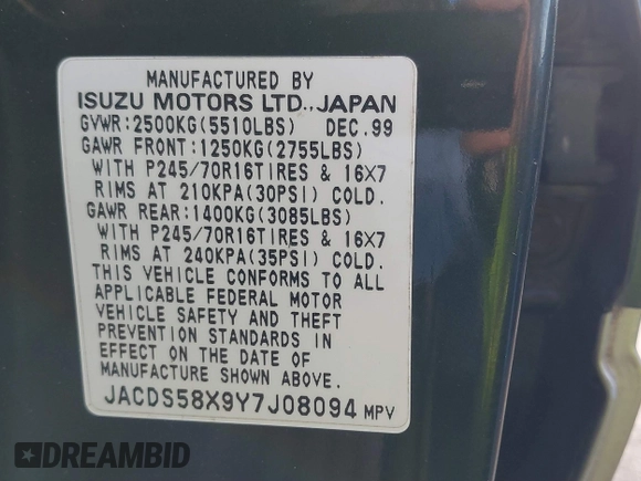 2000 Isuzu Trooper S z VIN JACDS58X9Y7J08094, wystawiony jako IAAI lot #41818546 z przebiegiem 154 927 mil mil oraz . Historia ofert i sprzedaży dostępna na DreamBid. Obrazek 9.