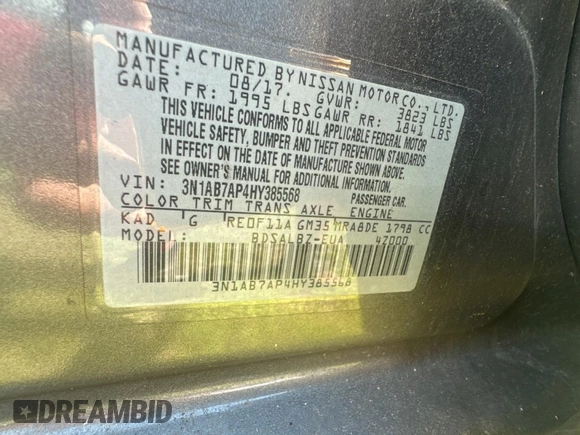 2017 Nissan Sentra SV with VIN 3N1AB7AP4HY385568, listed as a Copart auction lot 45530375 with 124,776 mi miles and Clean Title. Bid and sale history available at carsss.com. Image 10.