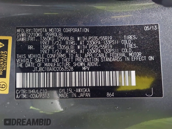 2013 Lexus RX 450h with VIN JTJBC1BAXD2063528, listed as a IAAI auction lot 41745770 with 140,605 mi miles and . Bid and sale history available at DreamBid. Image 9.