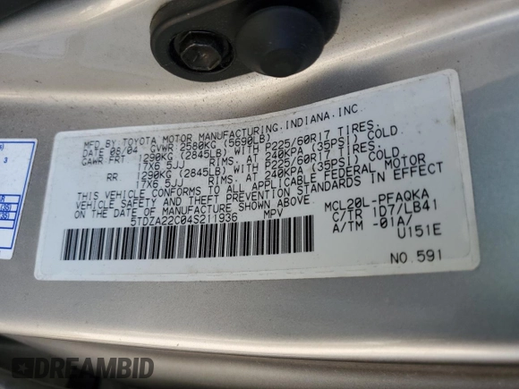 2004 Toyota Sienna XLE z VIN 5TDZA22C04S211936, wystawiony jako Copart lot #52076445 z przebiegiem 142 940 mil mil oraz Szkoda całkowita • Salvage title. Historia ofert i sprzedaży dostępna na DreamBid. Obrazek 14.