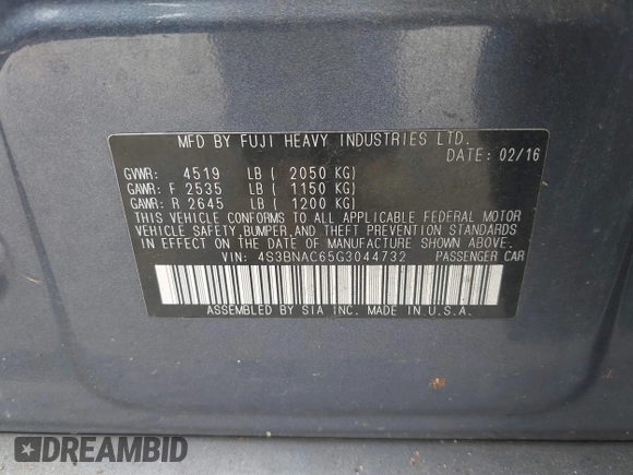 2016 Subaru Legacy Premium with VIN 4S3BNAC65G3044732, listed as a IAAI auction lot 42597737 with 245,436 mi miles and . Bid and sale history available at DreamBid. Image 9.
