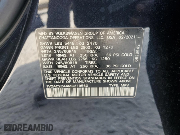 2021 Volkswagen Atlas S with VIN 1V2AC2CA4MC219560, listed as a Copart auction lot 53805685 with 73,140 mi miles and Salvage title. Bid and sale history available at DreamBid. Image 13.