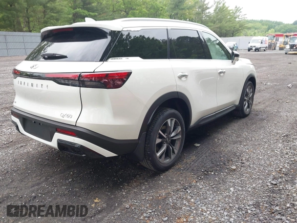 2025 Infiniti QX60 Luxe with VIN 5N1AL1FS6SC351230, listed as a IAAI auction lot 42285154 with 310 mi miles and . Bid and sale history available at DreamBid. Image 4.